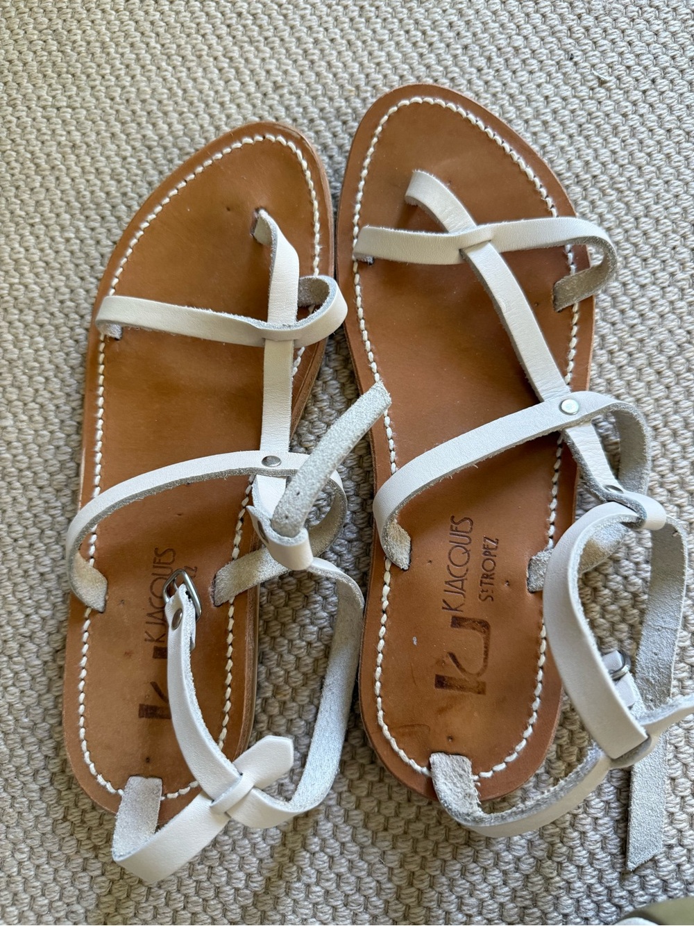 K.Jacques White Leather Lace-Up Toe-Loop Sandals